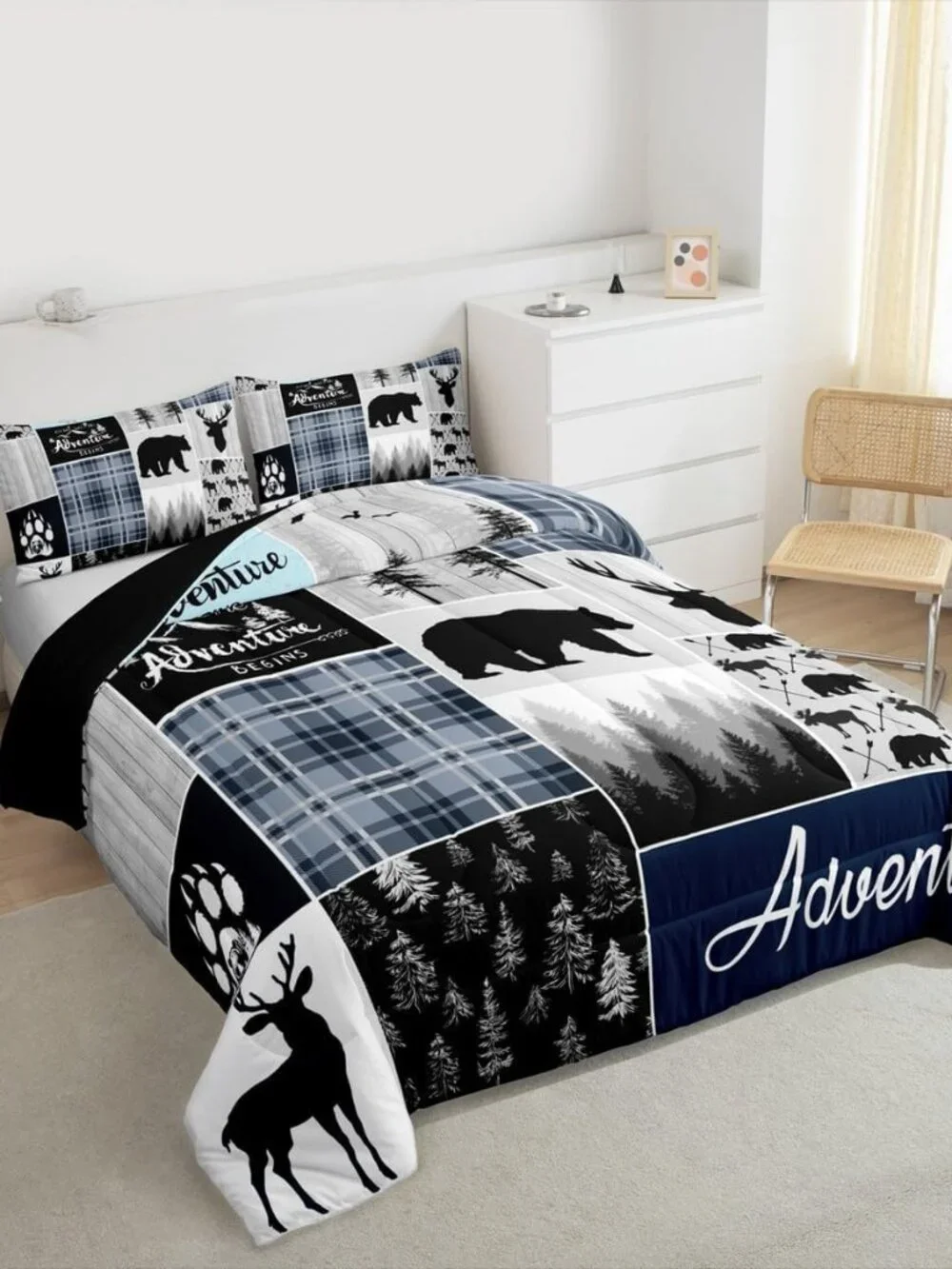 Farmhouse Cabin Comforter Set, Rustic Bear Deer Bedding Set Twin Size Woodland C